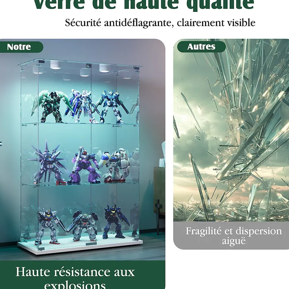 Vitrine d'exposition double porte 3 niveaux avec éclairage LED tactile, verre trempé, étagères blanches, design moderne, Blanc