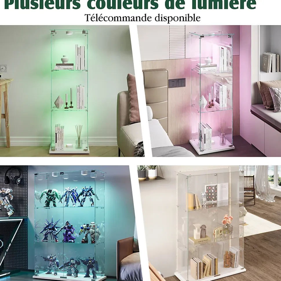 Vitrine d'exposition double porte 3 niveaux avec éclairage LED tactile, verre trempé, étagères blanches, design moderne, Blanc