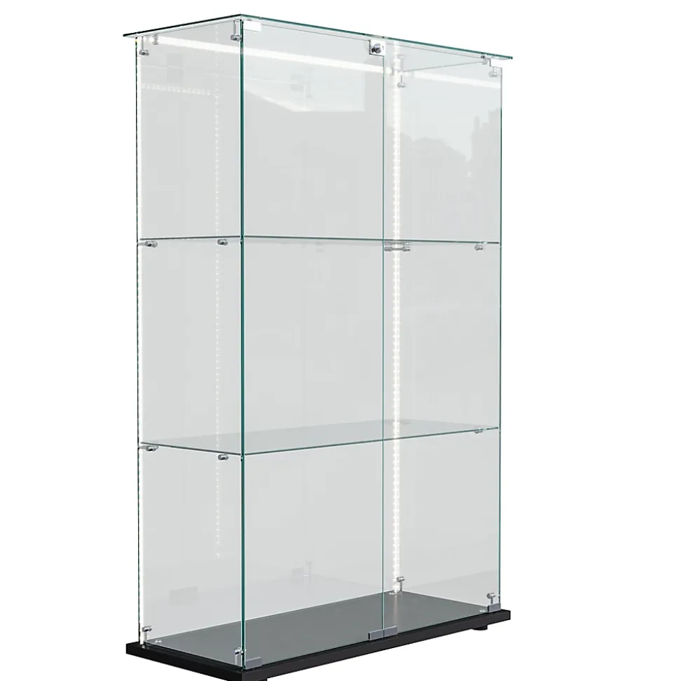 Vitrine D'exposition En Verre Avec LED, 3 Étagères, 2 Portes, Colonne, 35 X 78,5 X 123,3 Cm, Noir