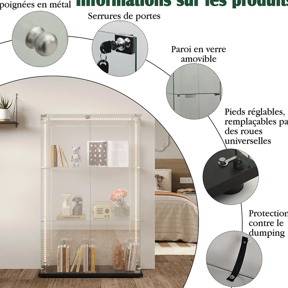 Vitrine D'exposition En Verre Avec LED, 3 Étagères, 2 Portes, Colonne, 35 X 78,5 X 123,3 Cm, Noir