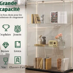 Vitrine D'exposition En Verre Avec LED, 3 Étagères, 2 Portes, Colonne, 35 X 78,5 X 123,3 Cm, Noir