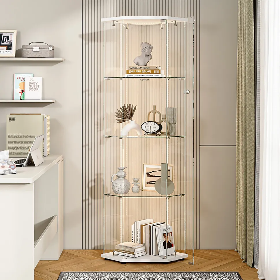 Vitrine d'exposition en verre 4 niveaux avec bande LED, Porte simple, Vitrine d'angle, Blanc