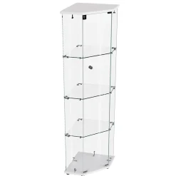 Vitrine d'exposition en verre 4 niveaux avec bande LED, Porte simple, Vitrine d'angle, Blanc