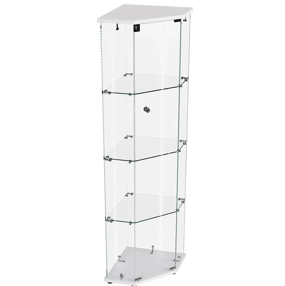 Vitrine d'exposition en verre 4 niveaux avec bande LED, Porte simple, Vitrine d'angle, Blanc