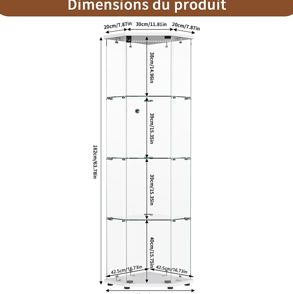 Vitrine d'exposition en verre 4 niveaux avec bande LED, Porte simple, Vitrine d'angle, Blanc