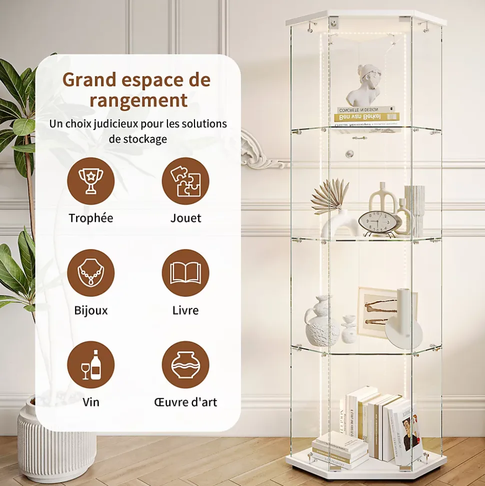 Vitrine d'exposition en verre 4 niveaux avec bande LED, Porte simple, Vitrine d'angle, Blanc