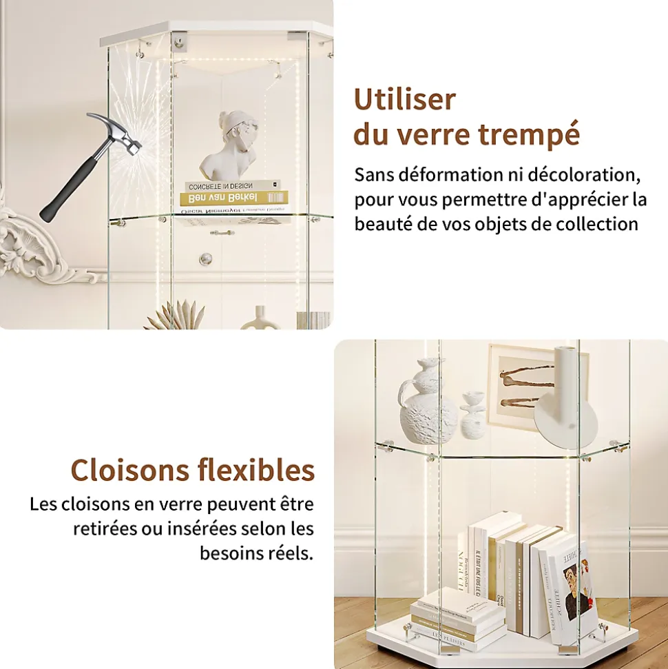 Vitrine d'exposition en verre 4 niveaux avec bande LED, Porte simple, Vitrine d'angle, Blanc