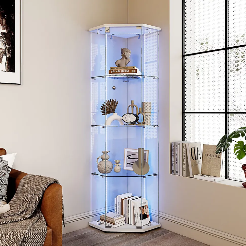 Vitrine d'exposition en verre 4 niveaux avec bande LED, Porte simple, Vitrine d'angle, Blanc