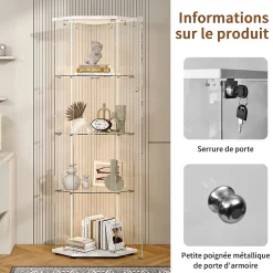 Vitrine d'exposition en verre 4 niveaux avec bande LED, Porte simple, Vitrine d'angle, Blanc
