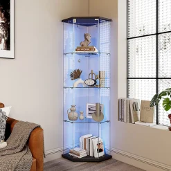 Vitrine d'exposition en verre 4 niveaux avec bande LED, Porte simple, Vitrine d'angle, Noir