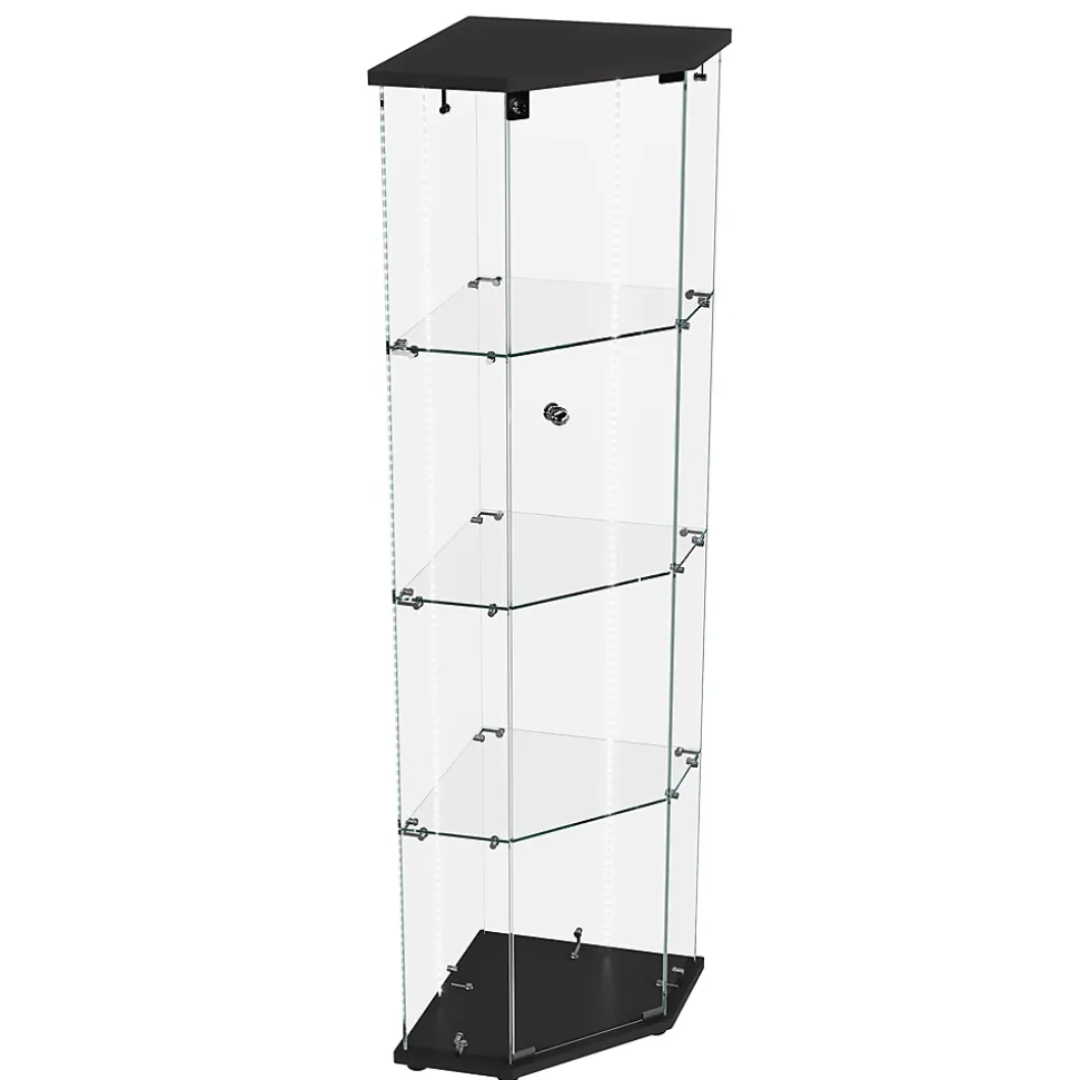 Vitrine d'exposition en verre 4 niveaux avec bande LED, Porte simple, Vitrine d'angle, Noir
