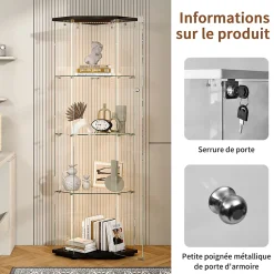 Vitrine d'exposition en verre 4 niveaux avec bande LED, Porte simple, Vitrine d'angle, Noir