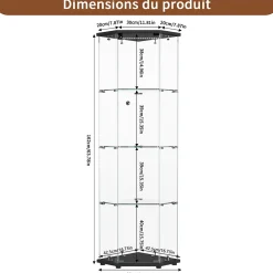 Vitrine d'exposition en verre 4 niveaux avec bande LED, Porte simple, Vitrine d'angle, Noir