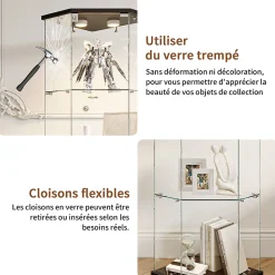 Vitrine d'exposition, Vitrine d'angle en verre 4 niveaux avec éclairage tactile, Porte simple, Noir