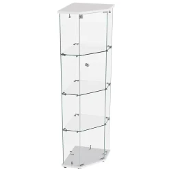 Vitrine d'exposition, Vitrine d'angle en verre 4 niveaux avec éclairage tactile, Porte simple, Blanc