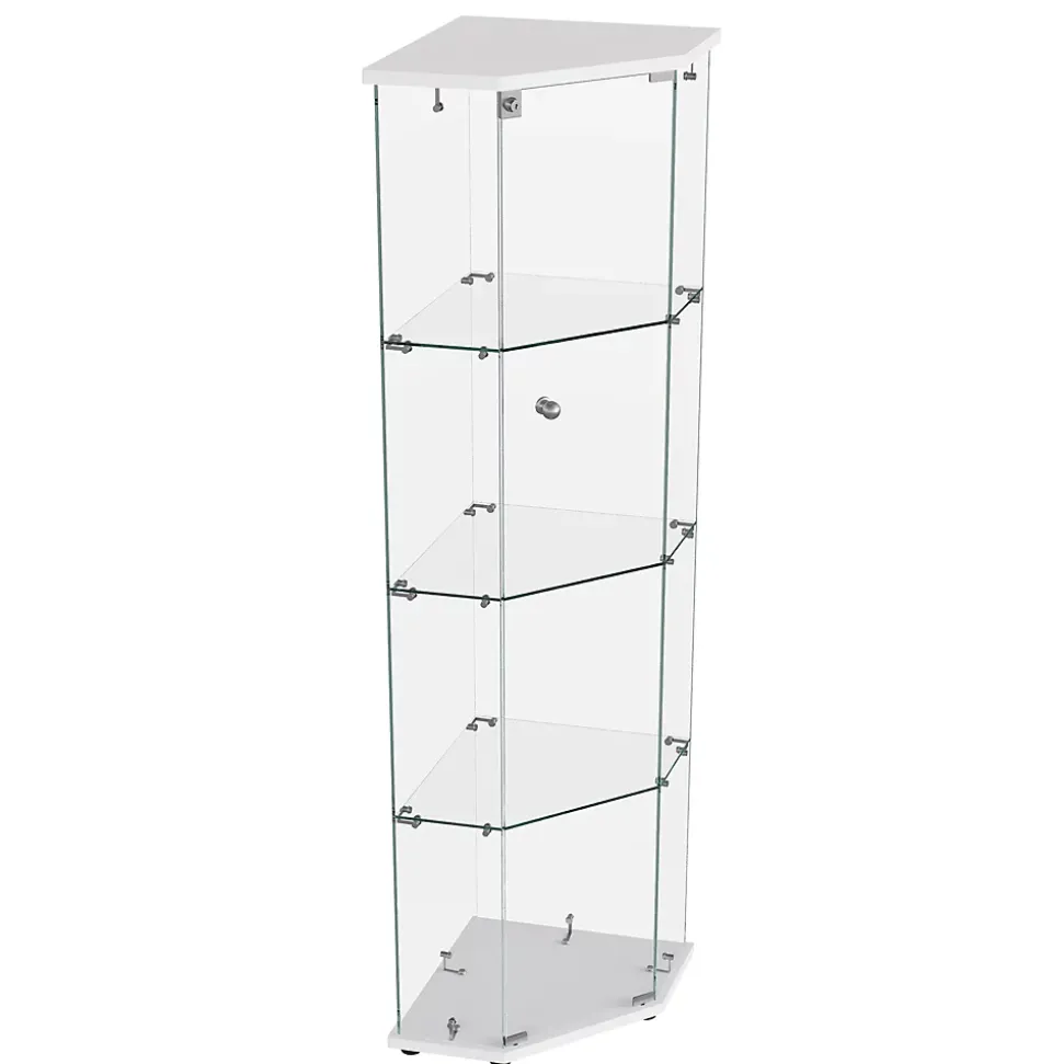 Vitrine d'exposition, Vitrine d'angle en verre 4 niveaux avec éclairage tactile, Porte simple, Blanc