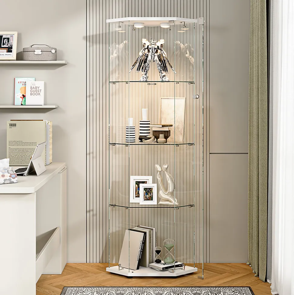 Vitrine d'exposition, Vitrine d'angle en verre 4 niveaux avec éclairage tactile, Porte simple, Blanc