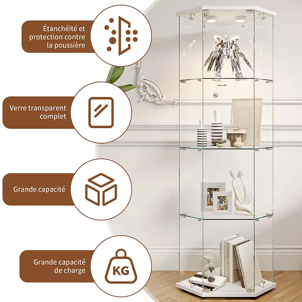 Vitrine d'exposition, Vitrine d'angle en verre 4 niveaux avec éclairage tactile, Porte simple, Blanc