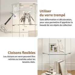 Vitrine d'exposition, Vitrine d'angle en verre 4 niveaux avec éclairage tactile, Porte simple, Blanc