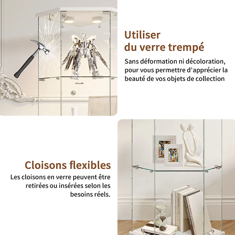 Vitrine d'exposition, Vitrine d'angle en verre 4 niveaux avec éclairage tactile, Porte simple, Blanc