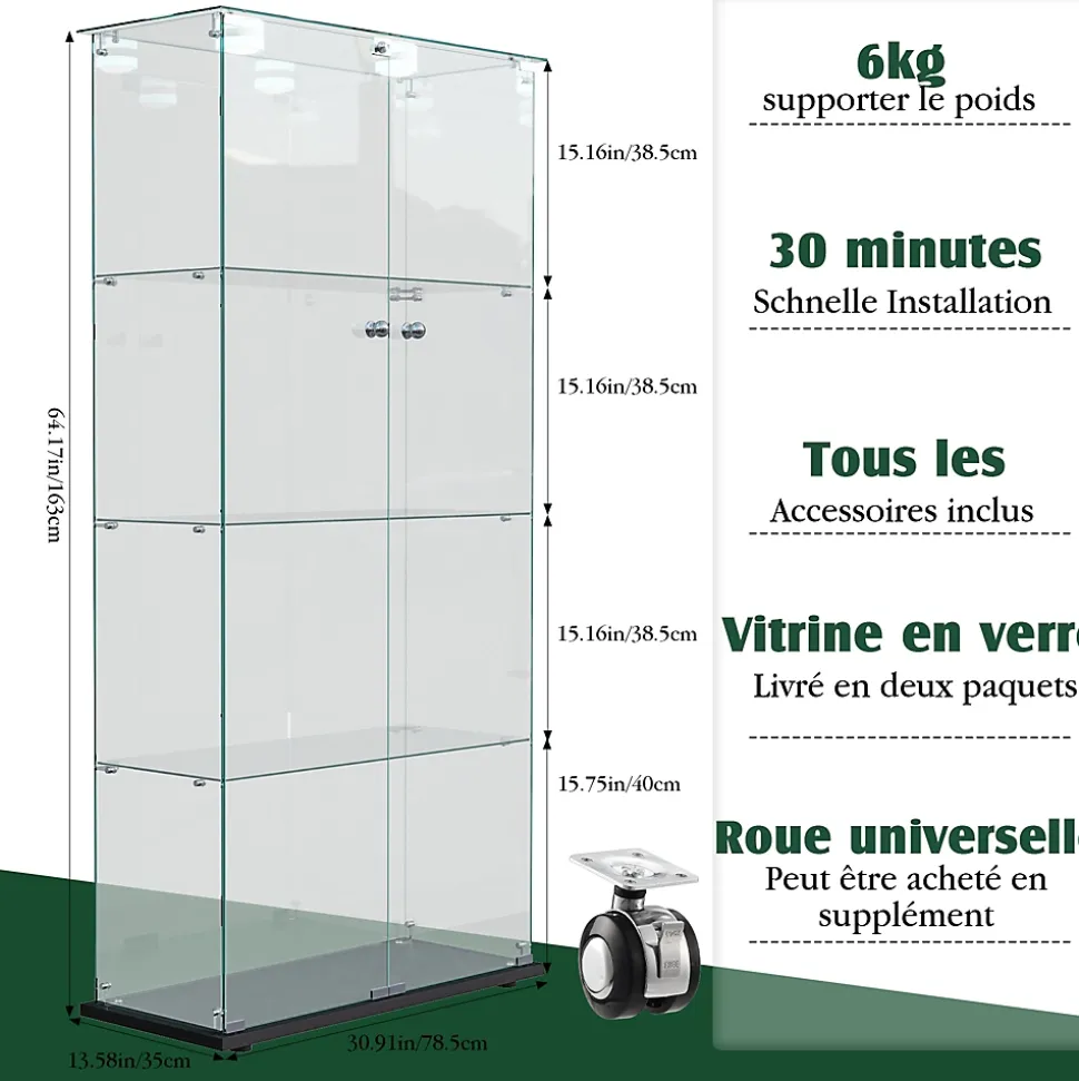Vitrine double porte 4 étagères avec éclairage LED ou lampes tactiles, Design moderne, verre trempé et vue panoramique 360