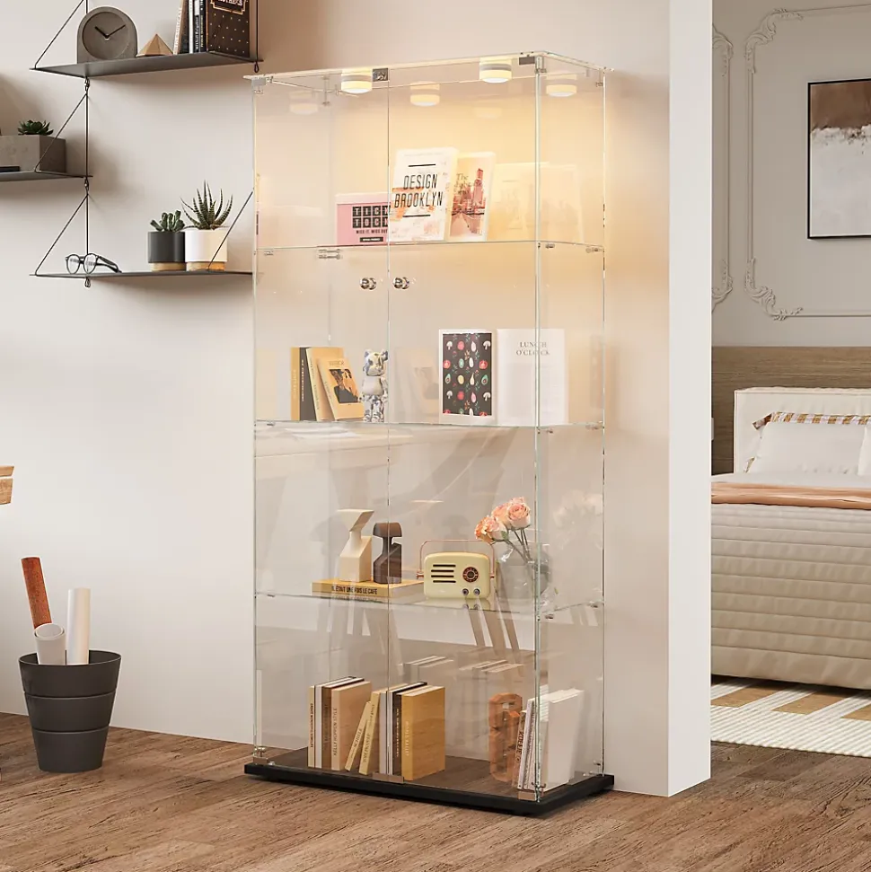 Vitrine double porte 4 étagères avec éclairage LED ou lampes tactiles, Design moderne, verre trempé et vue panoramique 360