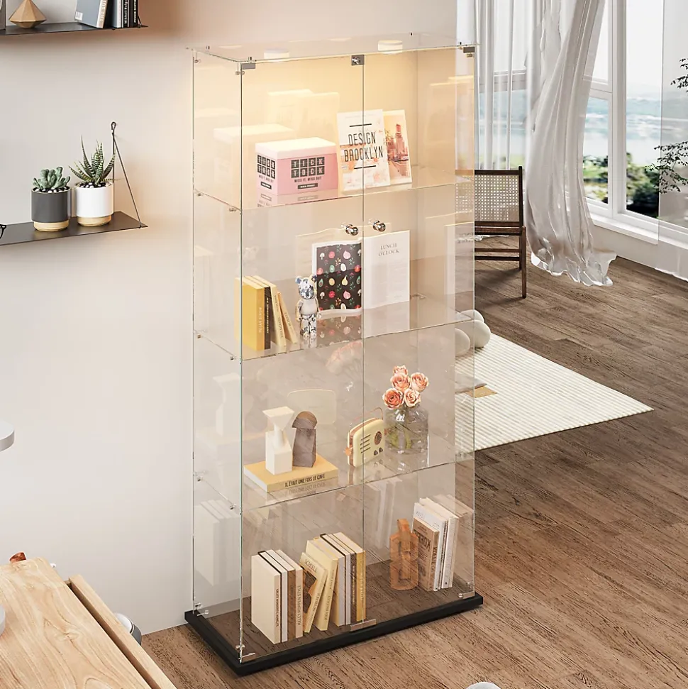 Vitrine double porte 4 étagères avec éclairage LED ou lampes tactiles, Design moderne, verre trempé et vue panoramique 360