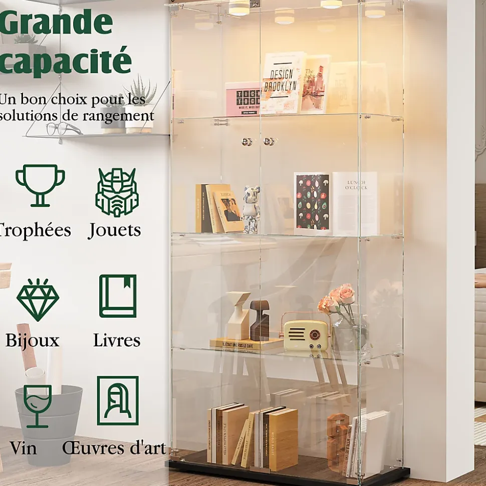 Vitrine double porte 4 étagères avec éclairage LED ou lampes tactiles, Design moderne, verre trempé et vue panoramique 360