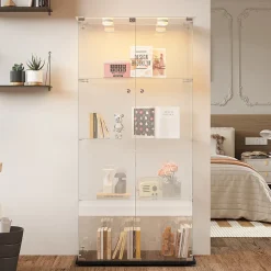 Vitrine double porte 4 étagères avec éclairage LED ou lampes tactiles, Design moderne, verre trempé et vue panoramique 360