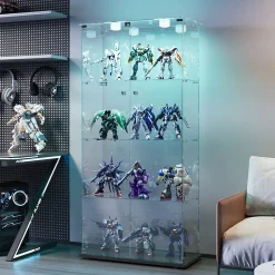 Vitrine double porte 4 étagères avec éclairage LED ou lampes tactiles, Design moderne, verre trempé et vue panoramique 360