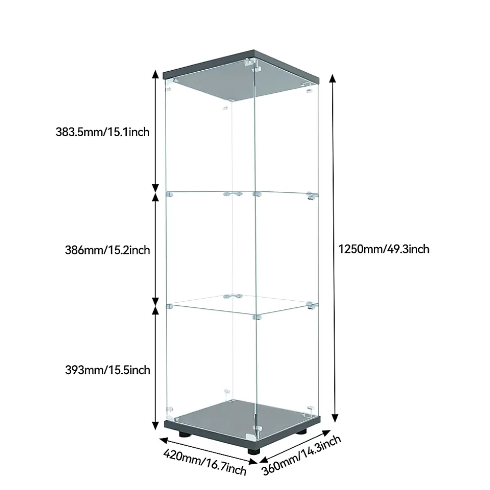 Vitrine en Verre - 3 étagères - Avec LEDs, lumière et serrure, noir