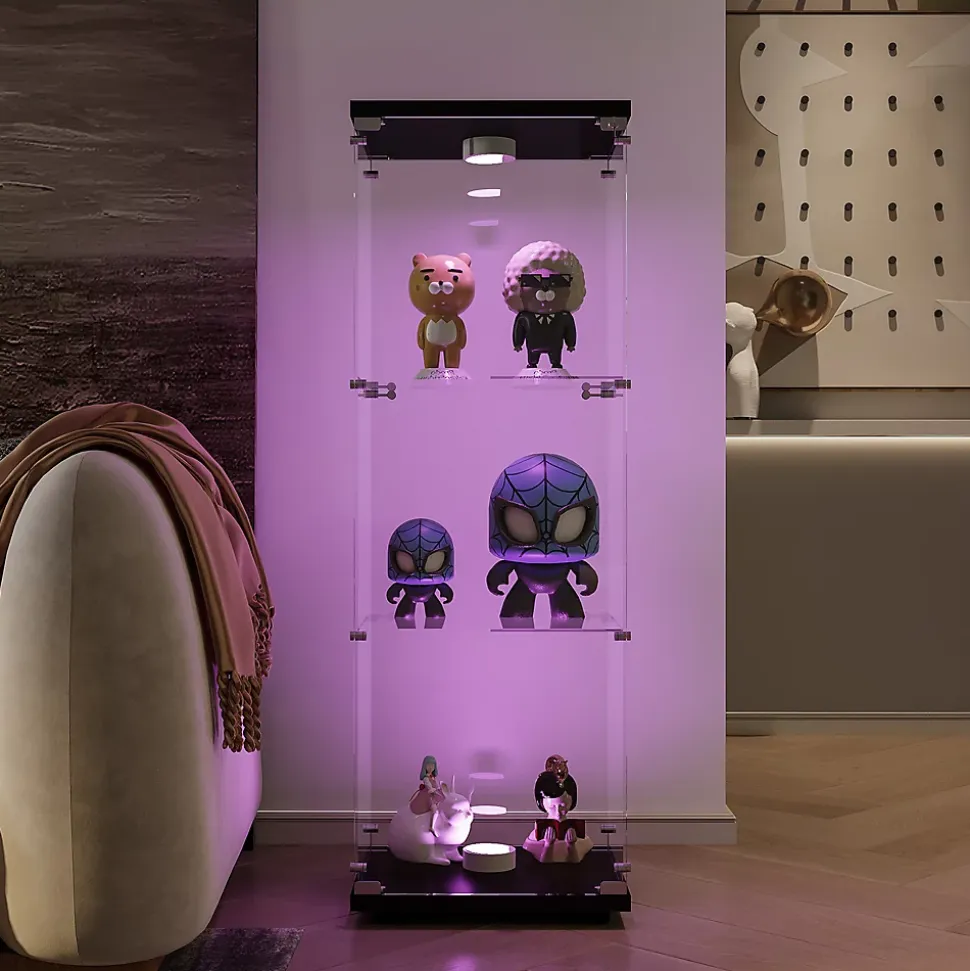 Vitrine en Verre - 3 étagères - Avec LEDs, lumière et serrure, noir