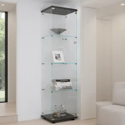 Vitrine en verre à 4 étagères avec porte, bibliothèque sur pied pour salon, chambre à coucher, bureau, verre trempé, noire