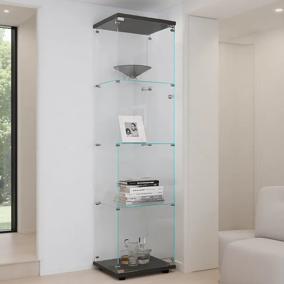 Vitrine en verre à 4 étagères avec porte, bibliothèque sur pied pour salon, chambre à coucher, bureau, verre trempé, noire