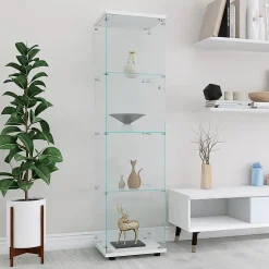 Vitrine en verre 164 cm, 1 porte avec serrure, 4 étagères, armoire sur pied pour chambre ou salon, blanc