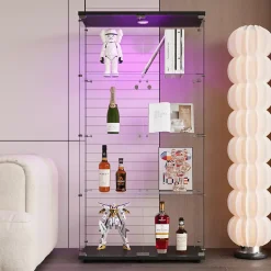 Vitrine en verre à deux portes avec éclairage LED et 4 étagères, étagère sur pied pour salon, chambre à coucher, bureau, noir