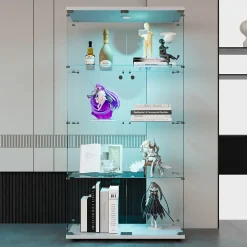 Vitrine en verre à deux portes avec éclairage LED, 4 étagères, bibliothèque sur pied moderne pour salon, chambre ou bureau, blanc