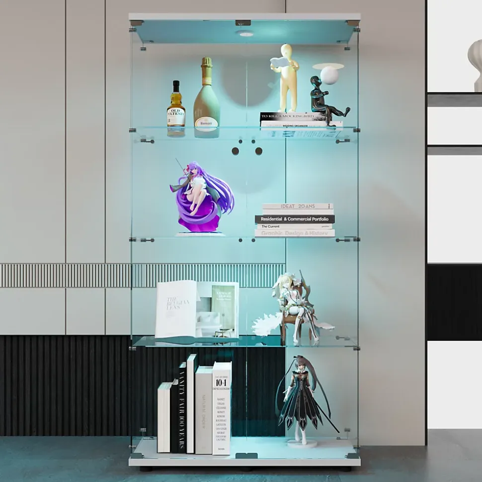 Vitrine en verre à deux portes avec éclairage LED, 4 étagères, bibliothèque sur pied moderne pour salon, chambre ou bureau, blanc