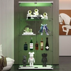 Vitrine en verre à deux portes avec éclairage LED, 4 étagères, bibliothèque sur pied moderne pour salon, chambre ou bureau, blanc