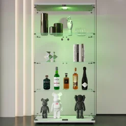 Vitrine en verre à deux portes avec éclairage LED, 4 étagères, bibliothèque sur pied moderne pour salon, chambre ou bureau, blanc
