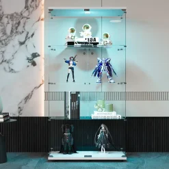 Vitrine en verre à deux portes avec éclairage LED, 4 étagères, bibliothèque sur pied moderne pour salon, chambre ou bureau, blanc