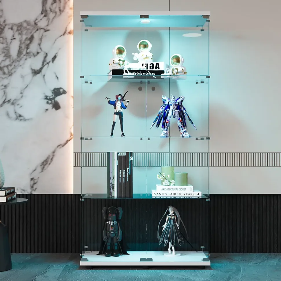 Vitrine en verre à deux portes avec éclairage LED, 4 étagères, bibliothèque sur pied moderne pour salon, chambre ou bureau, blanc