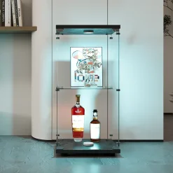Vitrine en Verre 2 étagères, Meuble Vitrine Verre avec LED et Portes, 86x40x36 cm, Noir