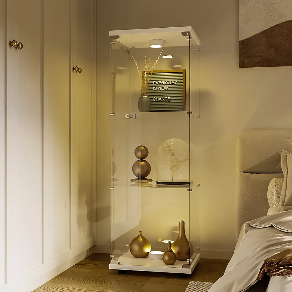 Vitrine en verre à trois couches avec lumière LED, blanc, élégante vitrine en verre pour exposer vos trésors