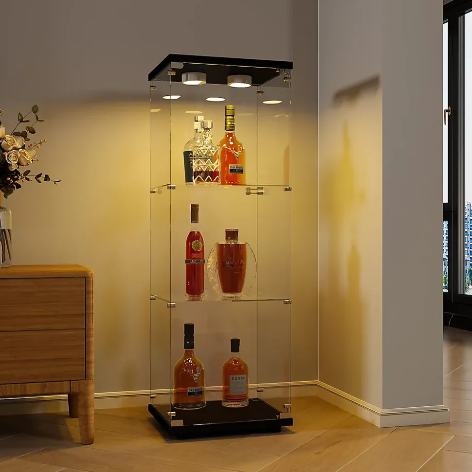 Vitrine en verre à trois couches avec lumière LED, noire, élégante vitrine en verre pour exposer vos trésors