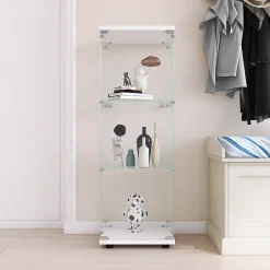 Vitrine en verre avec 3 étagères, armoire à curiosités à une porte pour salon, chambre, bureau, bibliothèque en verre, blanc