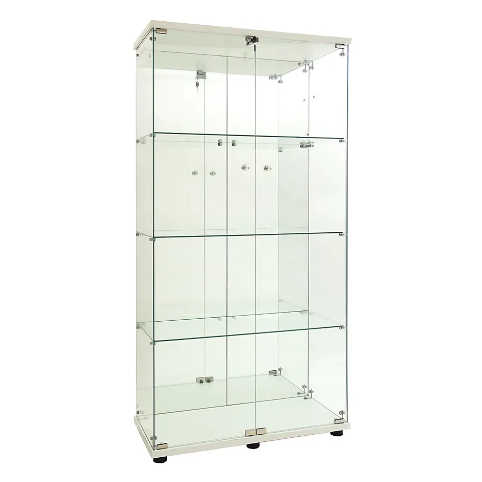 Vitrine en verre avec 4 étagères, vitrine à 2 portes avec lumière et serrure, blanc
