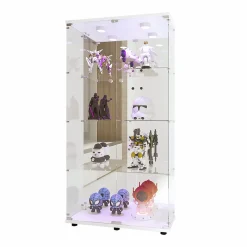 Vitrine en verre avec 4 étagères, vitrine à 2 portes avec lumière et serrure, blanc