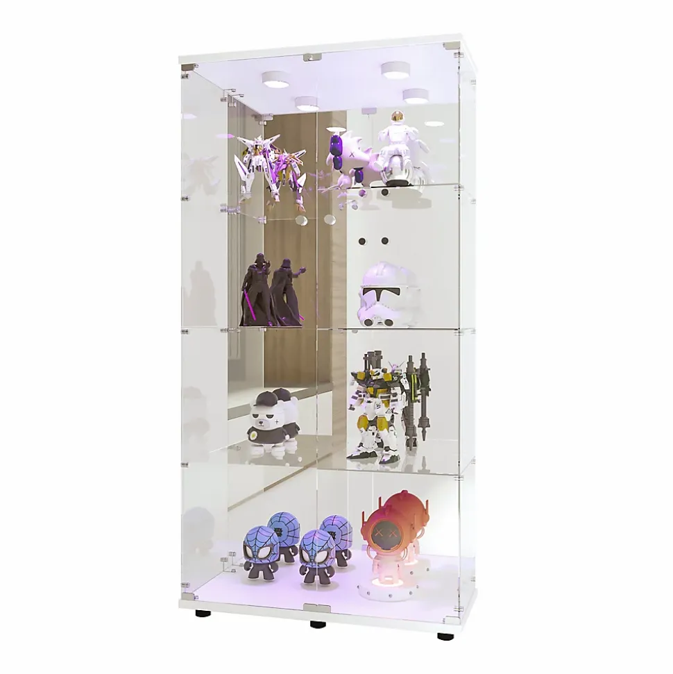 Vitrine en verre avec 4 étagères, vitrine à 2 portes avec lumière et serrure, blanc