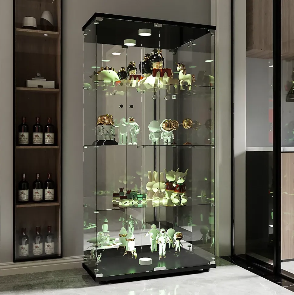 Vitrine en verre avec 4 étagères, vitrine à 2 portes avec lumière et serrure, noir
